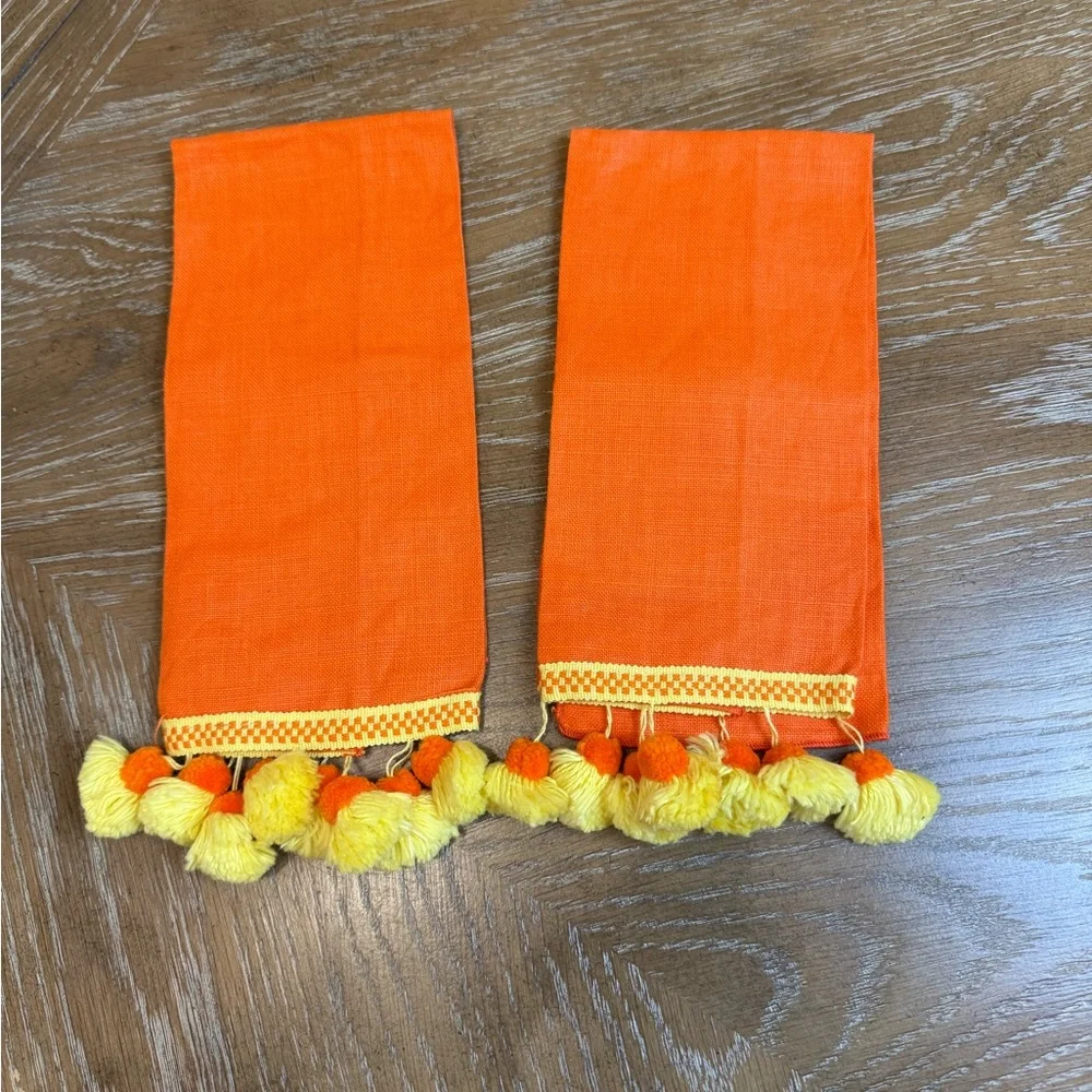 Vintage Orange and Yellow pom hand towels